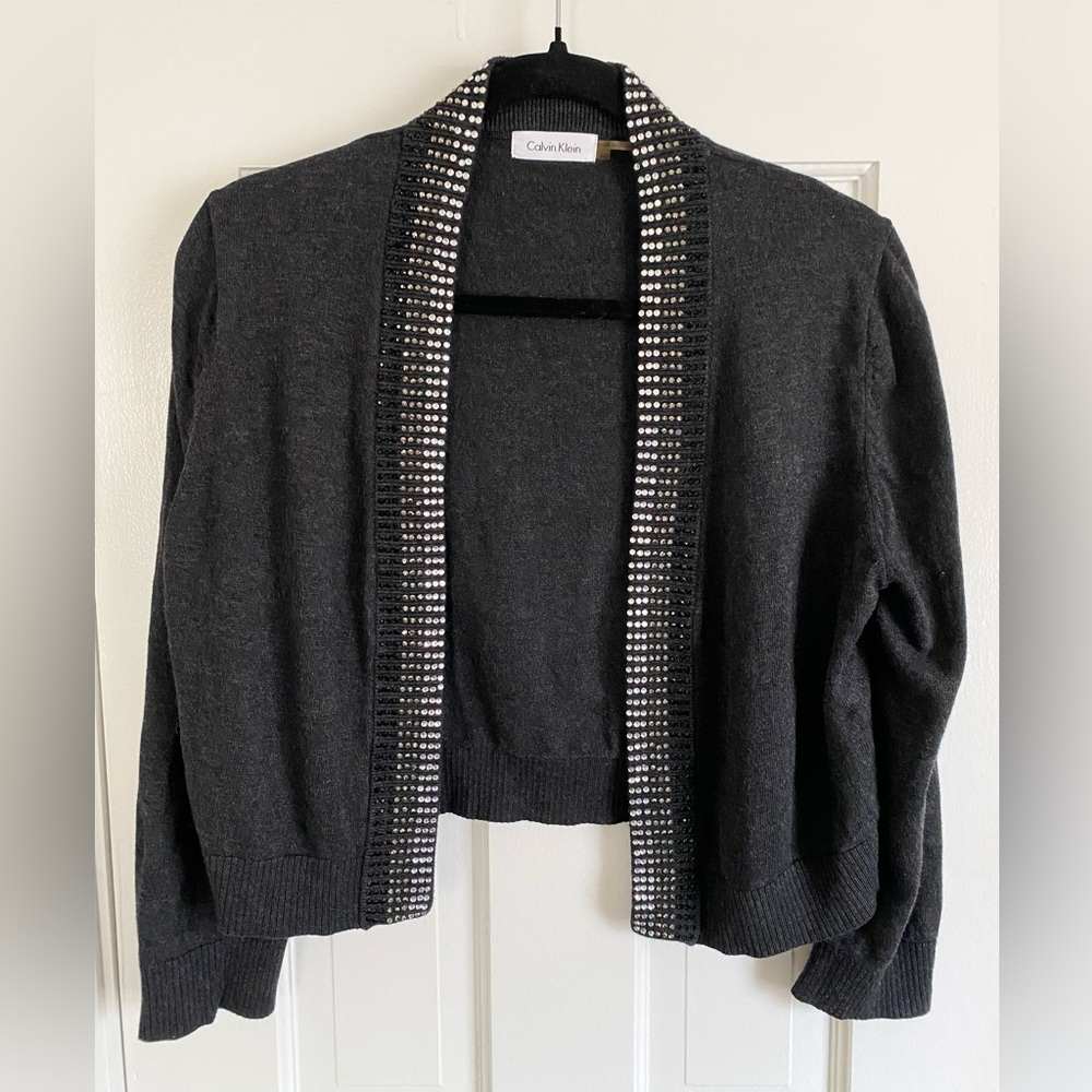 Calvin Klein Crop Gray Rhinestone Sparkle Knit Open Cardigan Womens Size Large